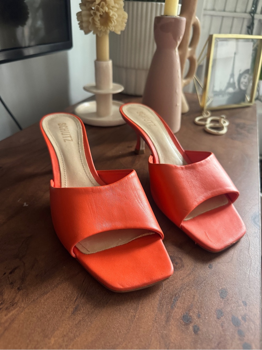 SCHUTZ Bright Orange Leather Slide Mules - Worn Once